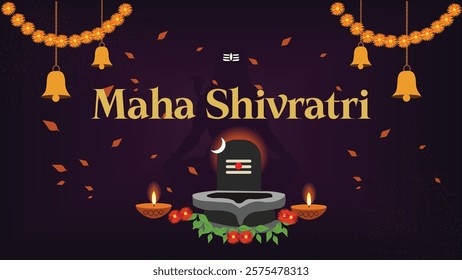  A vibrant Maha Shivratri greeting featuring a Shivling, diyas, bells, and festive decorations with "Maha Shivratri" text, celebrating the auspicious occasion of Lord Shiva