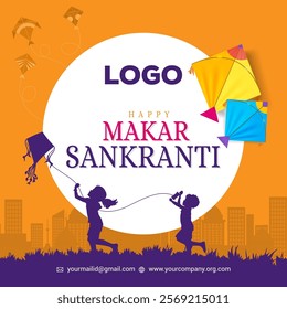 Vibrant Makar Sankranti celebration with colorful kites soaring in the sky, traditional motifs, and festive vibes perfect for an Indian kite festival design template.