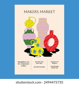 Vibrant Makers Market poster featuring eclectic vases with bold patterns and colors. Perfect for event promotion, modern decor, and creative projects. Eye-catching design to attract attendees.