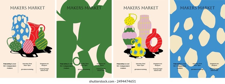 Vibrant Makers Market posters featuring eclectic vases with bold patterns and colors. Ideal for promoting events, modern decor, and creative projects. Perfect for capturing attention.