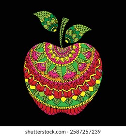 A vibrant mandala apple illustration with  patterns and colorful geometric designs, symbolizing nature, creativity and artistic expression on a dark background.
