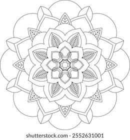 Livro de cores vibrante mandala com desenhos vetoriais simples, desenhados à mão! Perfeito para colorir básico, desenho, pintura, e amantes da arte. Padrões florais, geométricos e simétricos para criatividade e relaxamento.