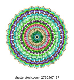 Vibrante diseño de mandala con un patrón circular con Formas geométricas y una paleta de colores que crean una composición visualmente atractiva y simétrica