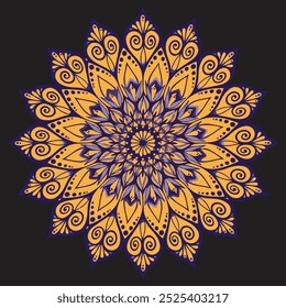 a vibrant mandala design with a striking combination of purple and yellowish-orange hues