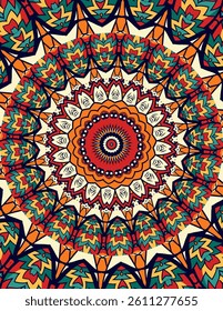 A vibrant mandala design with symmetrical structures, complex patterns, and a range of warm hues
