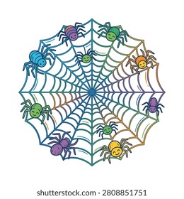 A vibrant mandala featuring a spider web with multiple colorful cartoon spiders
