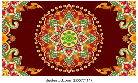 A vibrant mandala with intricate geometric and floral patterns in shades of red, orange, green, and yellow, set against a rich brown background.