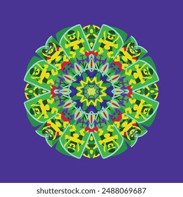 A vibrant mandala with intricate patterns and bold colors, featuring green, yellow, blue, and purple. The symmetrical design includes abstract shapes and figures, creating a kaleidoscopic effect.