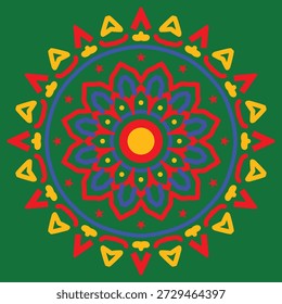 Vibrant Mandala auf grünem Hintergrund - Symmetrische florale und geometrische Schichten in hellen Farben für spirituelle Kunst, Dekor und Merch