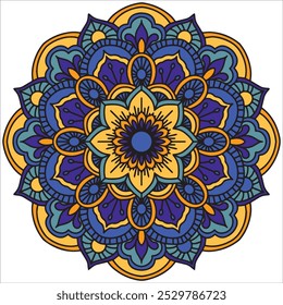 A vibrant mandala with symmetrical geometric shapes, floral petals, and intricate patterns in bold colors symbolizes spiritual balance and harmony, perfect for meditation and spiritual connection.