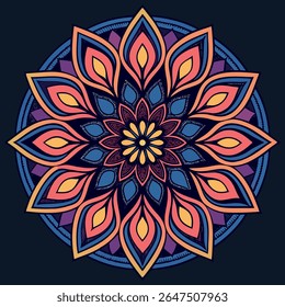 Arte vetorial mandala vibrante com padrões florais intrincados, ideal para projetos espirituais, decorativos e calmantes. Perfeito para fundos e impressões.