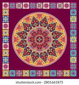 Vibrant mandala wedding dance floor design. Colorful ethnic patterns and symmetrical floral ornamentation on bold pink background. For festive events, Indian weddings, Mehndi, Sangeet, celebrations.