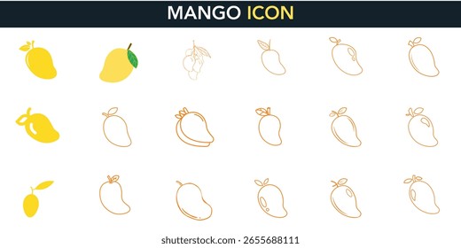 Vibrant Mango Icon Set: Fresh, Tropical Fruit Vector Illustrations for Healthy Food, Summer Concepts, and Organic Product Designs, Perfect for Menus, Brands.