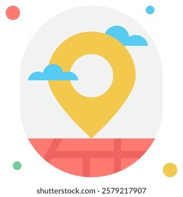 A vibrant map marker icon, useful for location services and navigation tools, showcasing a central circular hole and playful clouds.