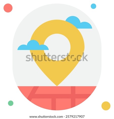 A vibrant map marker icon, useful for location services and navigation tools, showcasing a central circular hole and playful clouds.