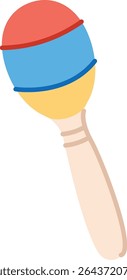Uma maraca vibrante com uma alça de madeira e topo listrado em um estilo plano. O instrumento de percussão apresenta um design suave e seções brilhantes. Ilustração de vetor de desenhos animados.