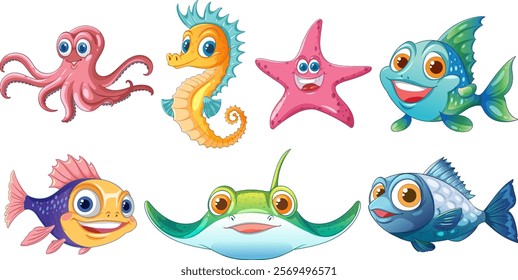 Vibrant marine animals with cheerful expressions