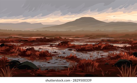 Vibrant Marshland with Mountains and Cloudy Sky