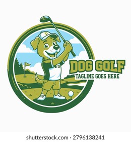Vibrant mascot logo featuring a cheerful dog holding a golf club on a green course, ideal for golf clubs and pet-friendly events.