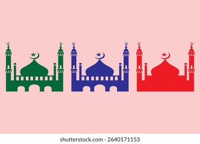 Vibrant masjid vector in red, blue, and green colours. Perfect for Islamic posters, educational materials, and festive religious designs like Ramadan and Eid.