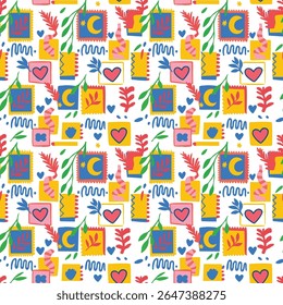 A vibrant, Matisse-inspired seamless pattern featuring paper-cut style stamps, hearts, and moons. This playful, colorful collage design is perfect for fun stationery, kids' decor, or fabric prints