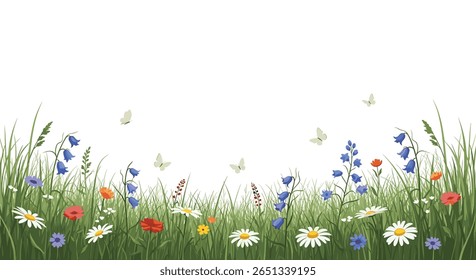 Vibrant meadow field with delicate butterflies fluttering above colorful wildflowers in springtime