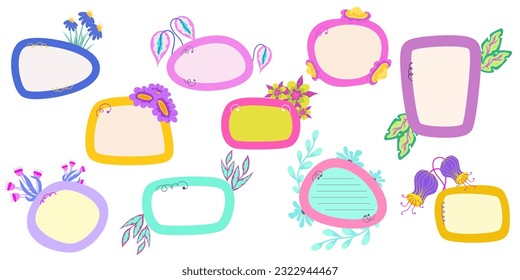 Vibrant Memo Notebook set with flower paper frame for text. Planner sticker element sticky. Flat vector illustration. Cute Notes planner page.