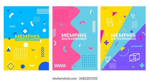Vibrant Memphis style backgrounds with geometric shapes and bold colors, perfect for modern posters and digital design.