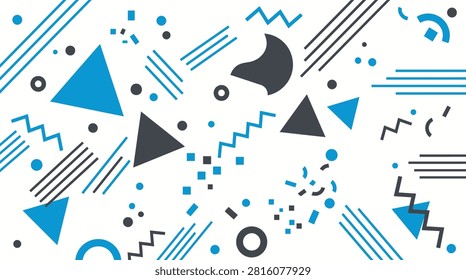 Vibrant memphis style pattern featuring blue triangles zigzags and dark gray shapes on clean white background vector art.