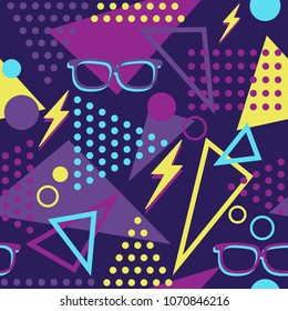 Vibrant Memphis Style Throwback Glasses and Lightening Bolts Seamless Pattern