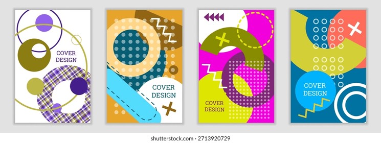 Un fondo vibrante al estilo de Memphis. Un conjunto de cuatro diseños geométricos de la cubierta. Portadas, Anuncios, carteles y folletos de moda y vibrantes. Gráficos de Vector.