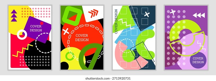 Un fondo vibrante al estilo de Memphis. Un conjunto de cuatro diseños geométricos de la cubierta. Portadas, Anuncios, carteles y folletos de moda y vibrantes. Gráficos de Vector.