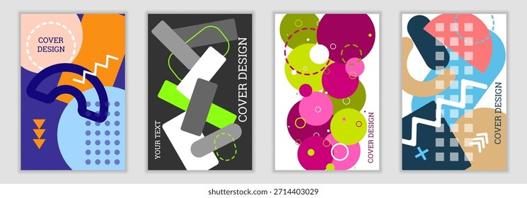 Un fondo vibrante al estilo de Memphis. Un conjunto de cuatro diseños geométricos de la cubierta. Portadas, Anuncios, carteles y folletos de moda y vibrantes. Gráficos de Vector.