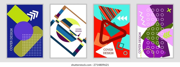 Un fondo vibrante al estilo de Memphis. Un conjunto de cuatro diseños geométricos de la cubierta. Portadas, Anuncios, carteles y folletos de moda y vibrantes. Gráficos de Vector.