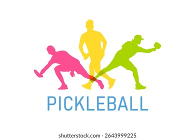 Vibrant Men's Pickleball Illustration in Bright Colors, colorful vector editable pickleball player poses for any graphic background