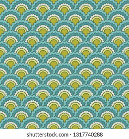 Vibrant mermaid scales squama background, vector seamless fabric pattern, tiled textile print. Typical chinese squama scales seamless arc tiles mosaic. Reptile skin pattern.