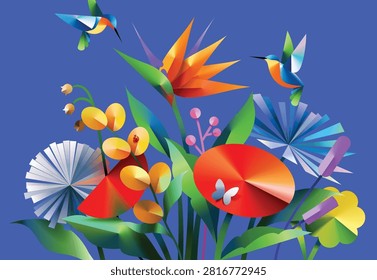 Vibrant and metallic gradient flowers bouquet on bold blue background with hummingbirds