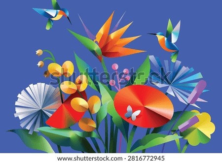 Vibrant and metallic gradient flowers bouquet on bold blue background with hummingbirds