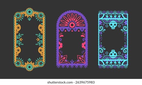 Vibrant Mexican decorative frame borders on dark background. Traditional papel picado style with colorful floral patterns, skulls. Festive ornamental rectangles for celebration design elements.