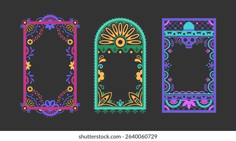 Vibrant Mexican decorative frame borders on dark background. Traditional papel picado style with colorful floral patterns, skulls. Festive ornamental rectangles for celebration design elements.