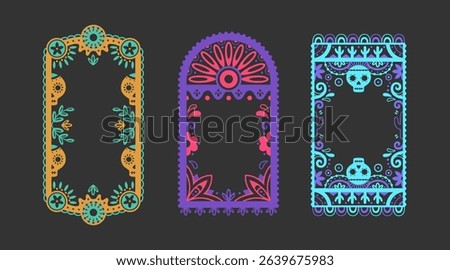 Vibrant Mexican decorative frame borders on dark background. Traditional papel picado style with colorful floral patterns, skulls. Festive ornamental rectangles for celebration design elements.