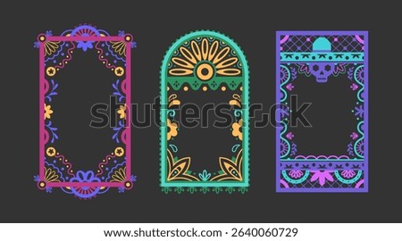 Vibrant Mexican decorative frame borders on dark background. Traditional papel picado style with colorful floral patterns, skulls. Festive ornamental rectangles for celebration design elements.