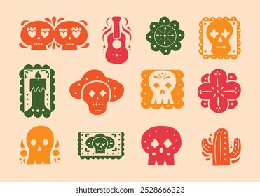 Vibrante arte mexicano de Folk Día de los Muertos Icons. Una colección de coloridos íconos inspirados en el Día de los Muertos con calaveras, flores, velas y símbolos tradicionales mexicanos en un estilo de arte popular