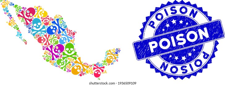 Vibrant Mexico collage map created of death skull icons, and Poison scratched seal. Vector death skull scatter flat colorful design elements are united into mosaic map of Mexico country.