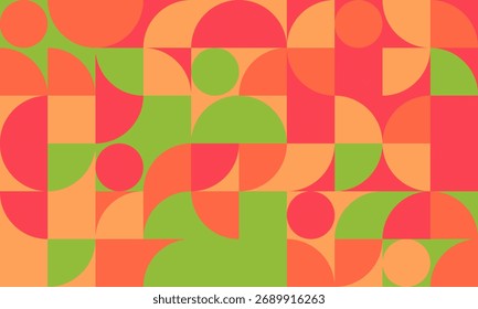 Padrão geométrico moderno vibrante do meio do século.  Design abstrato com círculos e semicírculos em corais, verde-limão e tons de pêssego. Perfeito para fundos, têxteis, design de site e branding.