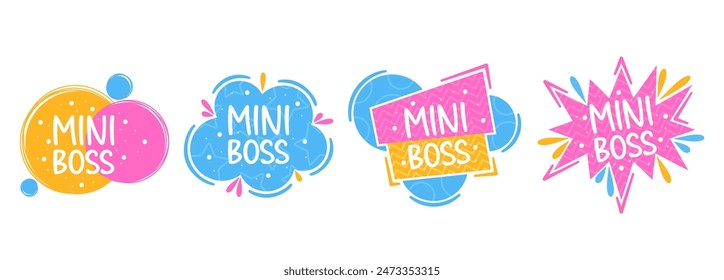 Vibrantes Logotipos Mini Boss En Diferentes Formas Y Colores Lúdicos. Etiquetas de Vector para el contenido de los niños, marca amigable para los niños