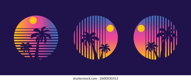 A vibrant and minimalist circular illustration of a palm tree, evoking a tropical beach vibe. Perfect for use as an icon, logo, or design element for travel, vacation, summer, or eco-friendly themes.