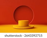 vibrant minimalist display featuring a yellow cylindrical podium on a matching base against a bold red wall with a circular cutout, product mockups, showroom backdrops, and modern decor