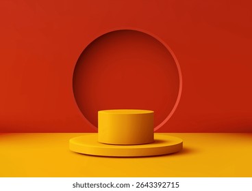 vibrant minimalist display featuring a yellow cylindrical podium on a matching base against a bold red wall with a circular cutout, product mockups, showroom backdrops, and modern decor