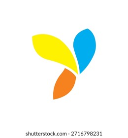 Un logotipo minimalista y vibrante con tres Formas abstractas de hojas o pétalos en amarillo, azul y naranja dispuestas en un patrón en forma de abanico.